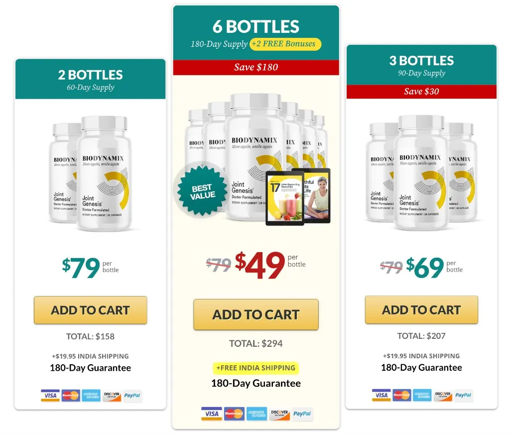 Joint Genesis packages 2 bottles 79 3 bottles 69 6 bottles 49 best value