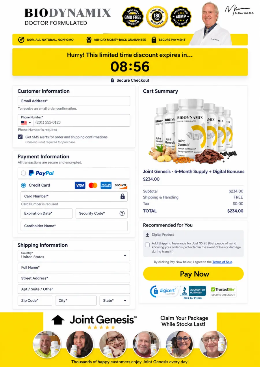 Joint Genesis secure checkout page after Buy Now with payment and shipping form